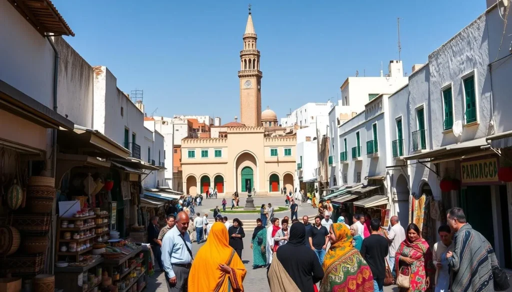 A vibrant, bustling old medina in Casablanca, Morocco, on a sunny day. Narrow winding alleyways lined with vendors' stalls, selling spices, handicrafts, and traditional Moroccan wares. In the foreground, a group of locals engaged in lively conversation, their colorful djellabas and headscarves adding to the lively atmosphere. The middle ground features a central plaza with a grand, ornate mosque, its towering minaret casting a warm, golden glow over the scene. In the background, the iconic whitewashed buildings of the old medina, their intricate architectural details and vibrant painted doors creating a picturesque, timeless setting. The overall mood is one of bustling energy, cultural vibrancy, and the rich heritage of this historic Moroccan city.