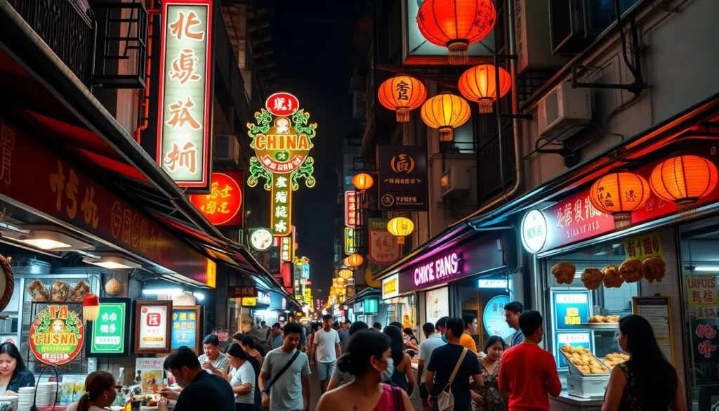 A vibrant, bustling street in Singapore's Chinatown, where peculiar eateries beckon passersby. In the foreground, diners indulge in unconventional dishes, perhaps a platter of deep-fried insects or a steaming pot of exotic soup. The middle ground features curious hybrid culinary creations, blending local flavors with international influences. Further back, neon signs and lanterns illuminate the lively scene, creating an atmosphere of culinary adventure and cultural diversity. Warm, diffused lighting casts a welcoming glow, inviting exploration of Singapore's bizarre and delightful dining experiences.