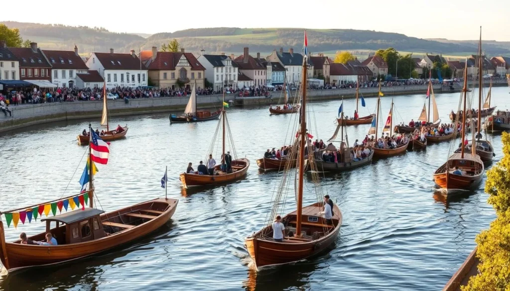A vibrant celebration along the serene Loire River, the Festival de Loire showcases the region's rich nautical heritage. In the foreground, traditional wooden boats and barges adorned with colorful flags and banners float gracefully on the calm waters. Crowds of locals and visitors line the riverbanks, enjoying live music, regional cuisine, and lively festivities. The middle ground features an array of historical reenactments, with costumed performers demonstrating nautical skills and traditions. The background is framed by the picturesque architecture of the Loire Valley, with its charming medieval buildings and lush, rolling hills bathed in warm, golden sunlight.