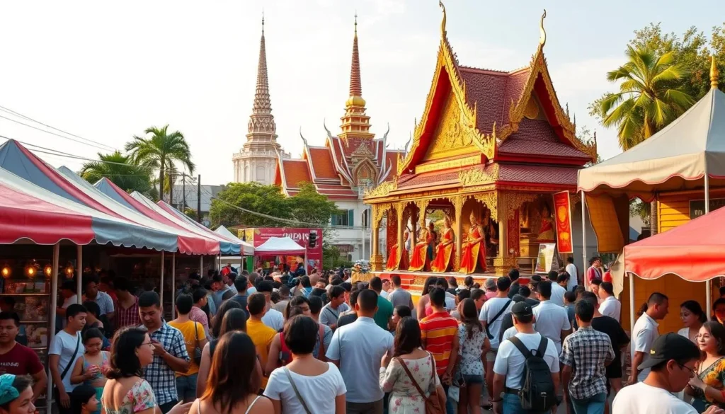 A vibrant celebration in the heart of Pathum Thani, Thailand. A bustling street scene filled with colorful tents, lively music, and the aroma of delectable street food. In the foreground, groups of locals and visitors mingle, sampling local delicacies and browsing an array of handcrafted wares. The middle ground features a traditional Thai stage, where performers in ornate costumes captivate the crowd. In the background, the ornate spires of a Buddhist temple rise, bathed in the warm golden light of the afternoon sun. Capture the essence of Pathum Thani's vibrant festivals, showcasing the rich cultural heritage and joyous community spirit of this enchanting Thai province.
