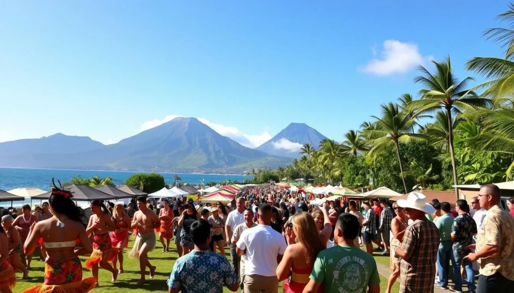 A vibrant celebration of Hawaiian culture unfolds on the lush, sun-drenched shores of the Big Island. In the foreground, a colorful parade of dancers in traditional attire sway to the rhythmic beats of live music. The middle ground features a bustling festival with an array of artisanal booths, offering handcrafted Hawaiian wares and delectable local cuisine. In the background, majestic volcanoes rise against a clear, azure sky, their verdant slopes dotted with swaying palm trees. The scene is bathed in warm, golden light, capturing the joyous spirit of the King Kamehameha Day festivities.