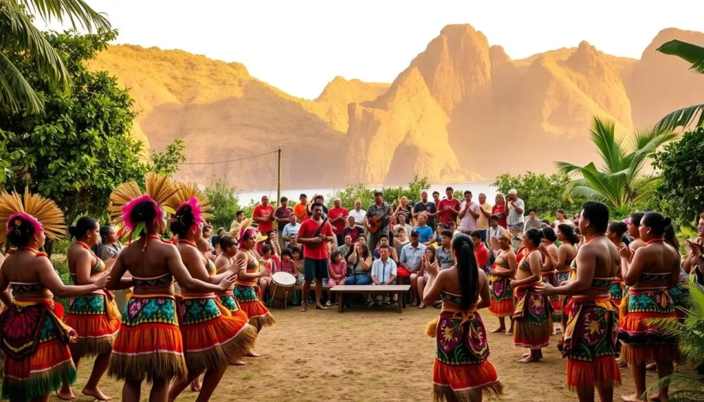 A vibrant celebration of Niue's rich cultural heritage. In the foreground, a traditional Niuean dance troupe performs with graceful movements, adorned in colorful costumes and elaborate headdresses. In the middle ground, villagers gather around a central stage, cheering and clapping along to the rhythmic beats of drums and ukuleles. The background is filled with lush, verdant foliage and the iconic limestone cliffs of Niue, bathed in warm, golden sunlight. The scene exudes a sense of community, tradition, and joyous celebration, capturing the essence of Niue's unique cultural events and village show days.