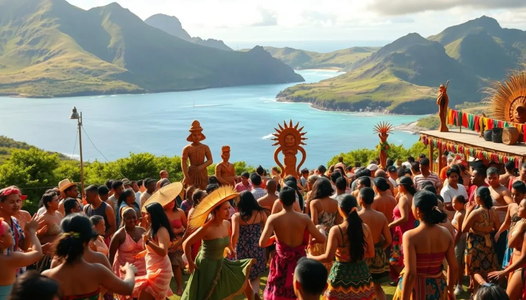 A vibrant celebration of Pitcairn's island culture, set against a stunning natural backdrop. In the foreground, a lively crowd dances to the rhythmic beats of traditional instruments, their colorful traditional attire swirling with movement. In the middle ground, intricately carved wooden sculptures and decorations adorn the festival grounds, reflecting the island's rich heritage. The background showcases the breathtaking landscapes of Pitcairn, with lush green hills, crystal-clear waters, and the iconic Bounty Bay in the distance, bathed in warm, golden sunlight. The overall atmosphere exudes a sense of joy, community, and deep-rooted cultural pride.