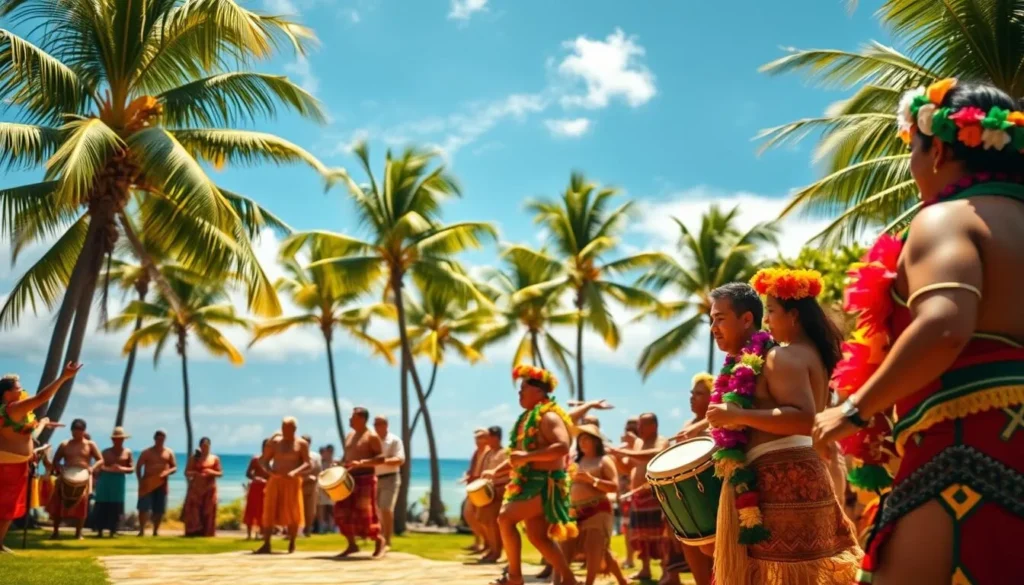 A vibrant celebration of Samoan culture unfolds in a sun-drenched tropical setting. In the foreground, colorfully dressed performers sway to the rhythmic beats of traditional drums and chants. Intricate woven mats and tapa cloths adorn the middle ground, while in the background, lush palm trees and azure skies create a serene and idyllic backdrop. Warm, golden lighting illuminates the scene, capturing the festive energy and joyous atmosphere of a Samoan festival. The overall composition evokes a sense of cultural richness, community, and the vibrant spirit of Samoa's year-round celebrations.
