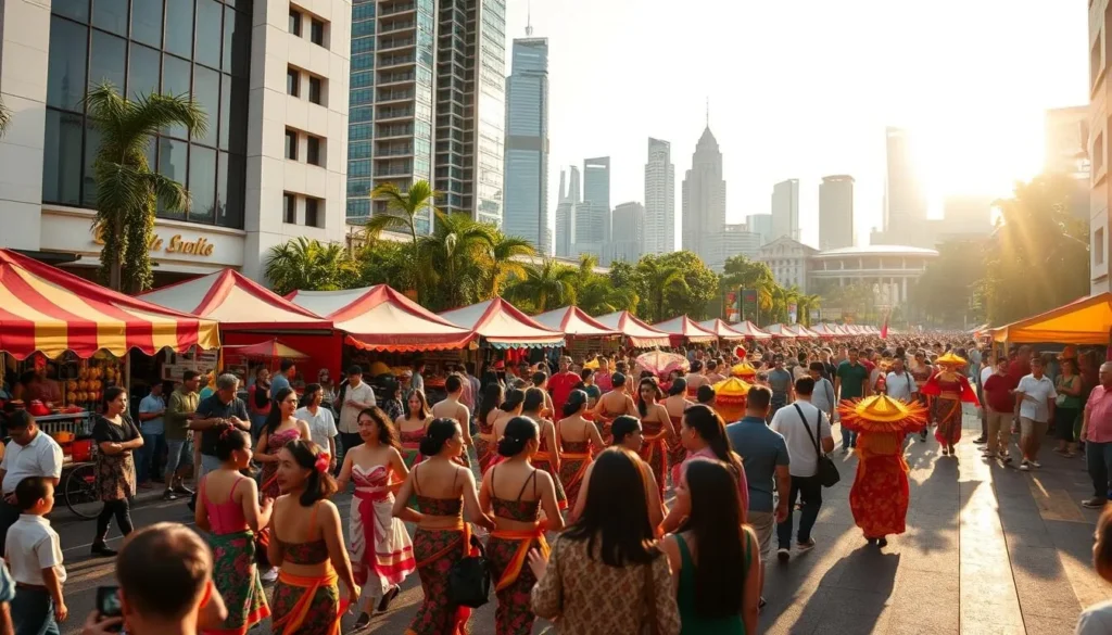 A vibrant celebration of Singapore's rich cultural heritage unfolds amidst the bustling city streets. In the foreground, a lively procession of colorfully dressed performers weaves through the crowds, their graceful movements and intricate costumes captivating onlookers. In the middle ground, festive stalls and vendor booths line the sidewalks, offering a tantalizing array of traditional delicacies and handcrafted wares. In the background, the city's iconic skyscrapers and landmarks stand tall, providing a modern backdrop to the timeless traditions on display. Warm sunlight filters through the scene, casting a golden glow and infusing the atmosphere with a sense of joyous celebration.