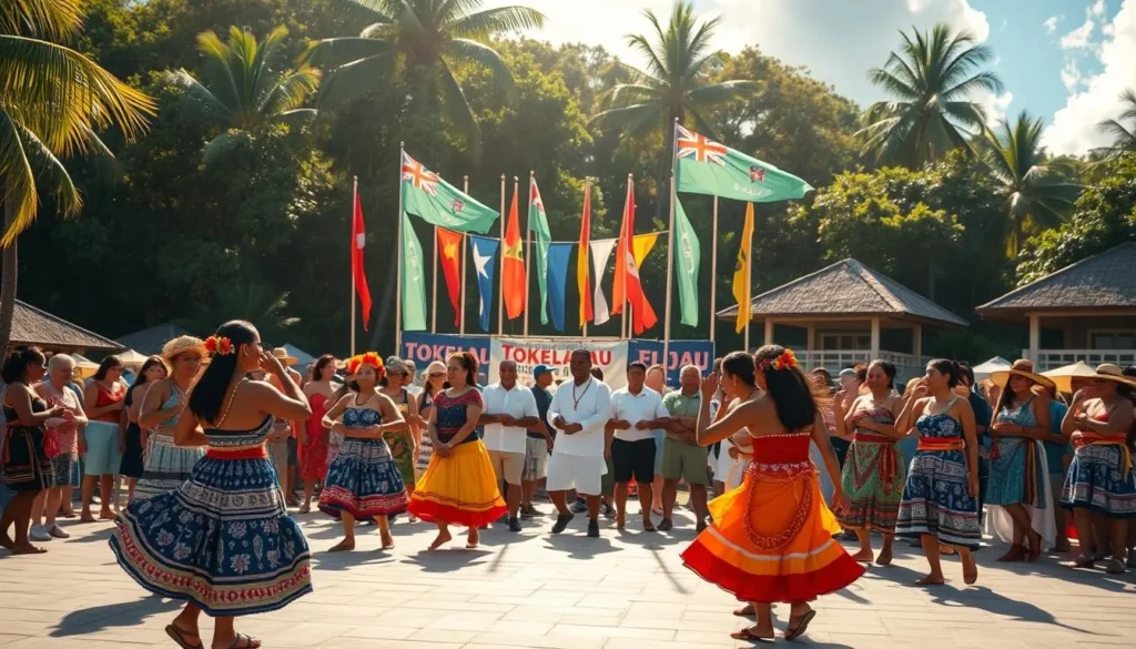 A vibrant celebration of Tokelau culture, with native people gathered in a sunny outdoor plaza. In the foreground, a group of dancers adorned in traditional costumes perform a lively routine, their movements graceful and energetic. The middle ground features a colorful array of Tokelau flags and banners, fluttering in a gentle breeze. In the background, a backdrop of traditional thatched-roof buildings and lush tropical foliage sets the scene. Warm sunlight filters through, casting a golden glow over the entire tableau. The atmosphere exudes a sense of community, pride, and the preservation of a unique cultural identity.