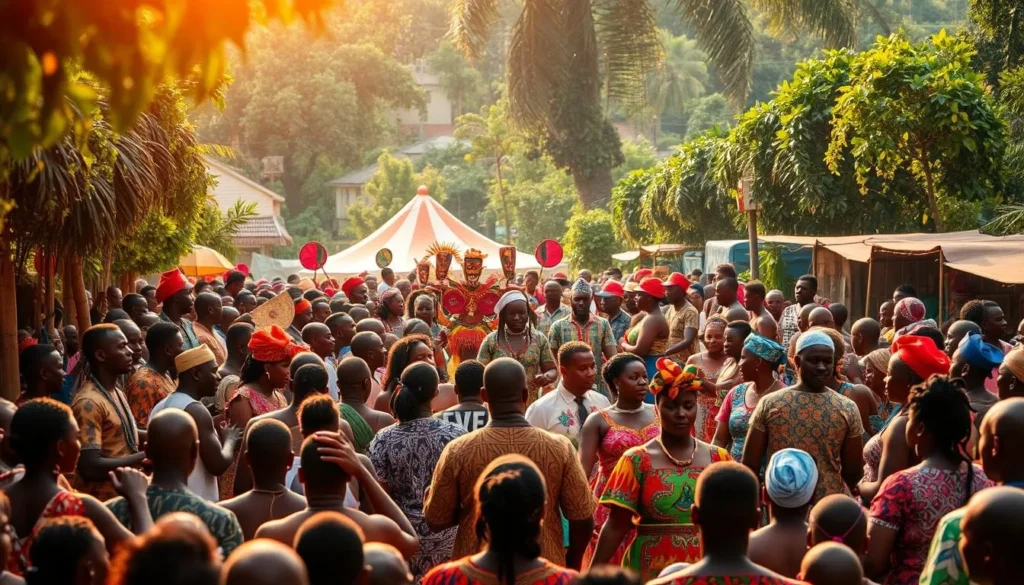 A vibrant celebration of Umuahia's rich cultural heritage unfolds before us. In the foreground, a lively crowd gathers, adorned in vibrant traditional attire, dancing to the rhythmic beats of drums and chants. The middle ground reveals a procession of performers, their intricate costumes and masks reflecting the region's storied traditions. In the background, a backdrop of lush greenery and colorful structures set the stage for this captivating cultural festival. Warm, natural lighting casts a golden glow, accentuating the joyous atmosphere. This scene transports us to the heart of Umuahia, where the community comes together to honor its cherished cultural identity.