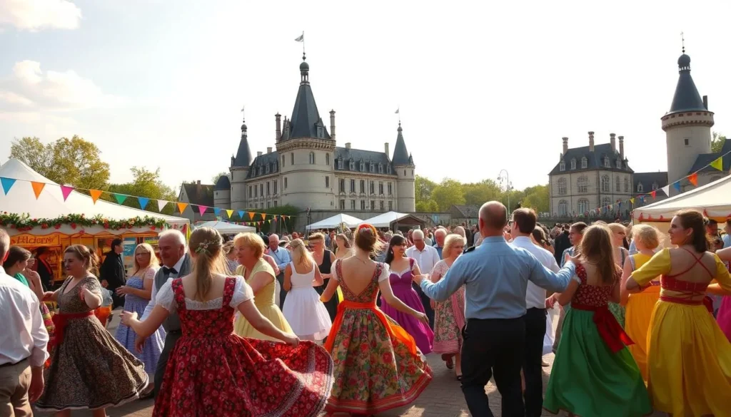 A vibrant celebration unfolds in the picturesque Loire Valley, France. In the foreground, colorfully dressed revelers dance and twirl to the rhythmic beat of traditional folk music. Middle-ground vignettes reveal artisans showcasing their handcrafted wares, while the background is dominated by the region's iconic chateaux, their stately towers and spires reaching skyward against a warm, sun-dappled sky. Soft, diffused lighting bathes the scene in a golden glow, evoking a sense of timeless charm and cultural heritage. This vibrant tableau captures the essence of the Loire Valley's captivating festivals, a testament to the region's rich tapestry of customs and celebrations.