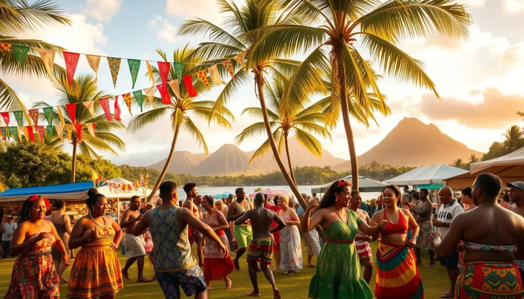 A vibrant celebration unfolds on the lush, verdant shores of Pitcairn Island. In the foreground, colorfully dressed islanders dance to the rhythmic beats of traditional music, their movements infused with joy and cultural pride. Strung between palm trees, vibrant banners and flags sway gently in the warm Pacific breeze. The middle ground reveals bustling food stalls, offering an array of local delicacies and crafts, while in the background, the island's iconic volcanic peaks rise majestically, bathed in the golden glow of the sun. The atmosphere is one of community, celebration, and a deep connection to the island's unique heritage. Crisp, natural lighting illuminates the scene, capturing the idyllic mood of this Pitcairn Island festival.