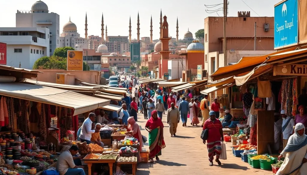 A vibrant city scene in Nyala, Sudan, captured on a sunny day. In the foreground, a bustling local market with colorful stalls and friendly vendors selling an array of handcrafted goods, spices, and fresh produce. In the middle ground, pedestrians navigate the lively streets, immersed in the rich culture and daily life of the city. The background features a mix of modern and traditional architecture, with towering buildings and ornate minarets creating a visually stunning skyline. Warm lighting bathes the scene, evoking a sense of warmth and hospitality. The overall atmosphere is one of energy, diversity, and the unique charm of Nyala, inviting the viewer to explore and experience this captivating Sudanese destination.