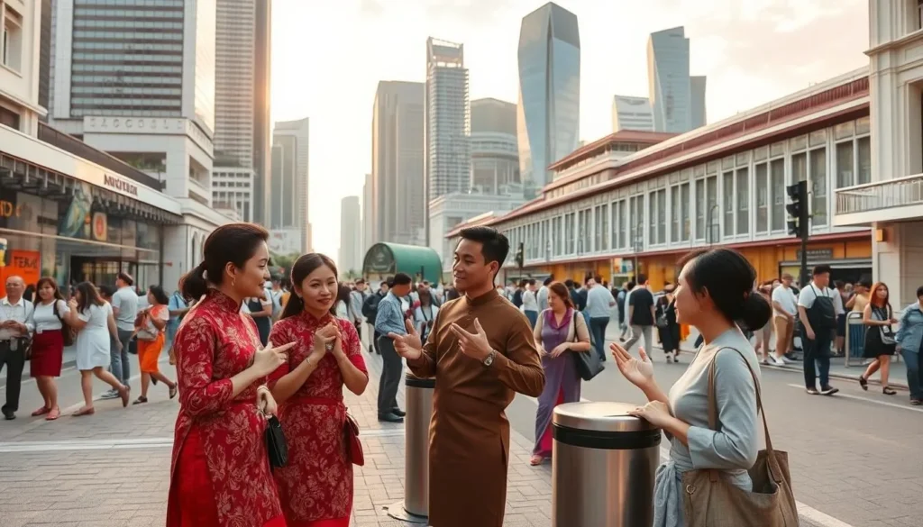 A vibrant city scene showcasing the cultural etiquette of Singapore. In the foreground, a group of locals dressed in traditional attire demonstrate proper posture, gestures, and eye contact during a friendly conversation. The middle ground features a bustling street with people politely queuing, disposing of litter in designated receptacles, and navigating the sidewalks with consideration for others. In the background, a mix of modern skyscrapers and heritage architecture creates an elegant skyline, bathed in warm, diffused sunlight. The overall atmosphere conveys a sense of harmony, respect, and adherence to Singapore's renowned standards of cleanliness and orderliness.