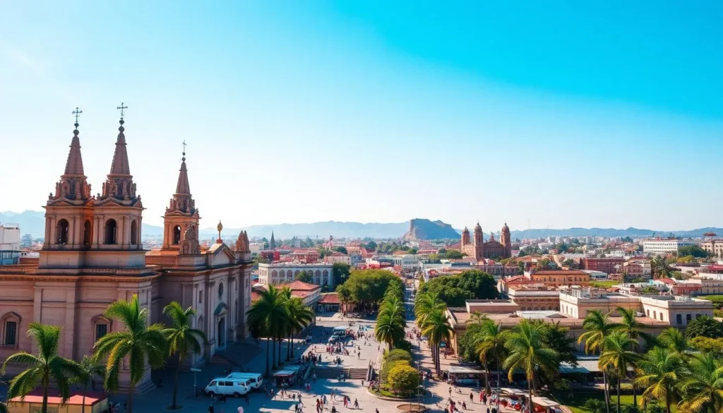 A vibrant city skyline emerges, framed by a brilliant azure sky. In the foreground, the grand spires and domes of Culiacan's historic churches and cathedrals stand tall, their intricate architectural details catching the warm sunlight. The middle ground reveals bustling plazas, where locals and visitors mingle amidst lush palm trees and colorful market stalls. In the distance, the silhouettes of ancient fortresses and colonial-era buildings dot the landscape, hinting at Culiacan's rich cultural heritage. The scene exudes a sense of tranquility and reverence, inviting the viewer to explore the city's captivating religious and historical sites.