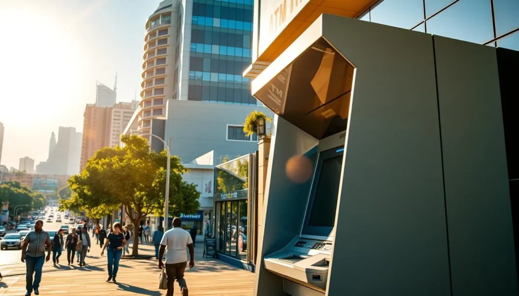 A vibrant cityscape in Bulawayo, Zimbabwe, with a modern ATM machine prominently displayed. The sun casts a warm glow across the scene, illuminating the sleek, angular design of the ATM and the surrounding buildings. In the foreground, pedestrians casually stroll by, their reflections visible in the ATM's glossy surface. The middle ground features a bustling street with a mix of local shops and businesses, while the background showcases the city's skyline, punctuated by towering skyscrapers and lush greenery. The overall atmosphere is one of urban dynamism and a thriving, well-connected community.