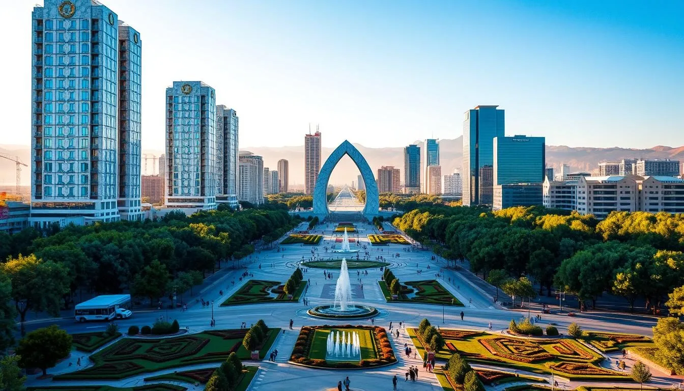 A vibrant cityscape of Ashgabat, Turkmenistan, under a clear azure sky. Towering modern skyscrapers adorned with gleaming white marble facades stand tall, reflecting the warm sunlight. In the foreground, a wide tree-lined boulevard leads to an expansive plaza, bustling with locals and tourists alike. Manicured gardens and fountains dot the landscape, creating a serene and inviting atmosphere. The distinctive arch-shaped Ruhnama monument dominates the skyline, a testament to the city's unique architectural heritage. Capture the energy and dynamism of this captivating Central Asian metropolis, a perfect representation of Ashgabat's best sights and experiences.