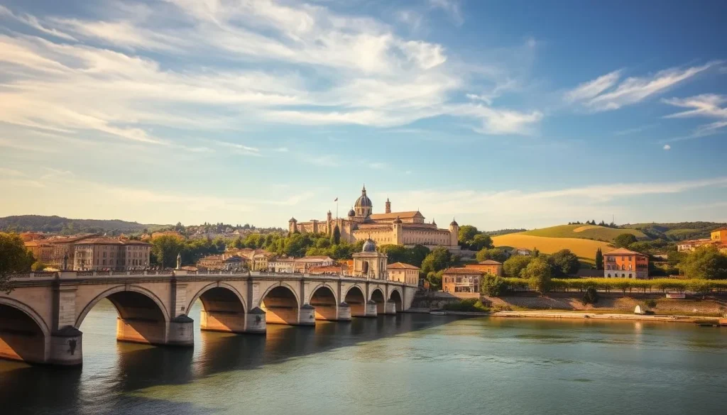 A vibrant cityscape of Avignon, France, captured on a picturesque sunny day. In the foreground, the iconic Pont d'Avignon bridge spans the tranquil Rhône River, its arches casting gentle shadows. In the middle ground, the historic Palais des Papes, a majestic 14th-century palace, stands tall, its limestone façade aglow in the warm afternoon light. The background features the rolling hills and vineyards that surround the city, their verdant greens and golden hues creating a serene and inviting atmosphere. The scene is bathed in soft, diffused natural lighting, with a clear blue sky dotted with wispy clouds overhead, conveying a sense of calm and pleasant weather ideal for exploring this charming French city.