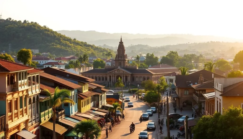A vibrant cityscape of Battambang, Cambodia, bathed in the warm glow of the sun. In the foreground, bustling streets lined with colorful colonial-era buildings and quaint shops. In the middle ground, the iconic Battambang Railway Station stands tall, its elegant architecture a testament to the city's history. In the background, rolling hills and lush greenery frame the scene, creating a picturesque backdrop. The image conveys a sense of tranquility and charm, inviting the viewer to explore the hidden gems of this captivating city.