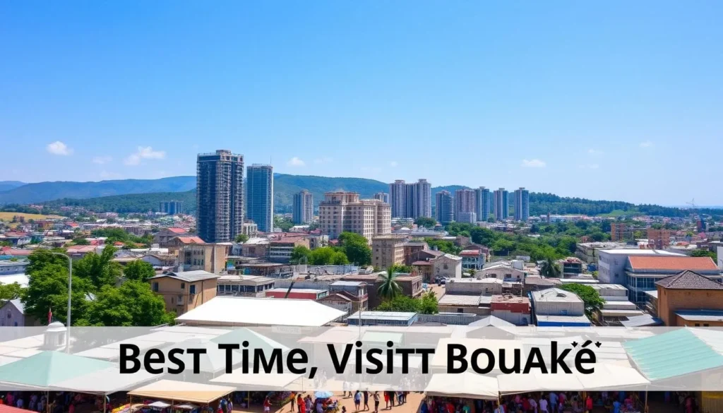 A vibrant cityscape of Bouaké, Ivory Coast, on a sunny day. In the foreground, bustling open-air markets with colorful stalls and local vendors. In the middle ground, towering colonial-era buildings and modern high-rises set against a clear blue sky. In the background, rolling hills and lush greenery. Capture the dynamic energy and diverse architecture of this thriving West African city, showcasing the ideal conditions for exploration and discovery. Use a wide-angle lens to create a sweeping, immersive scene that captures the essence of the "Best Time to Visit Bouaké."