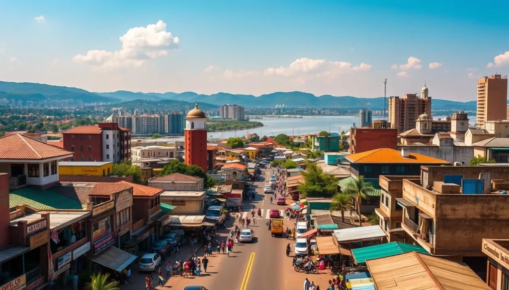 A vibrant cityscape of Brazzaville, the capital of the Republic of Congo, on a sunny day. In the foreground, bustling streets lined with colorful local shops and markets, people going about their daily lives. In the middle ground, a mix of traditional Congolese architecture and modern high-rises, their roofs glimmering in the warm light. In the background, the majestic Congo River flows, with lush green hills and mountains rising in the distance. The scene captures the energy, diversity, and natural beauty of this vibrant African city.