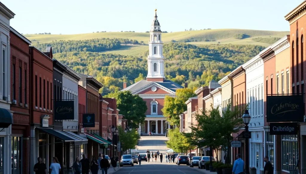 A vibrant cityscape of Cambridge, Ohio, with its historic downtown buildings lining the streets. In the foreground, people stroll along the sidewalks, admiring the quaint storefronts and local shops. In the middle ground, the iconic Guernsey County Courthouse stands tall, its majestic architecture casting long shadows across the scene. In the background, rolling hills and verdant trees create a picturesque backdrop, bathed in the warm glow of a sunny afternoon. The image conveys a sense of small-town charm and community, inviting the viewer to explore the unique attractions and character of this charming Ohio destination.