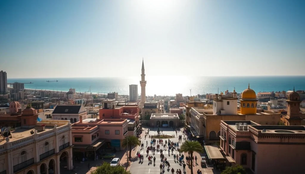 A vibrant cityscape of Casablanca, Morocco's coastal gem, basking in the warm glow of the sun. In the foreground, the iconic Hassan II Mosque stands tall, its intricate architecture and dazzling white facade commanding attention. Surrounding it, a bustling street scene with local vendors, cafes, and pedestrians going about their daily lives. In the middle ground, the skyline is punctuated by a mix of modern high-rises and traditional Moroccan buildings, their rooftops adorned with satellite dishes and billowing laundry. In the distance, the sparkling azure waters of the Atlantic Ocean stretch out, framed by a gentle curve of the coastline. The scene is infused with a sense of energy and vibrancy, capturing the essence of this vibrant Moroccan city.