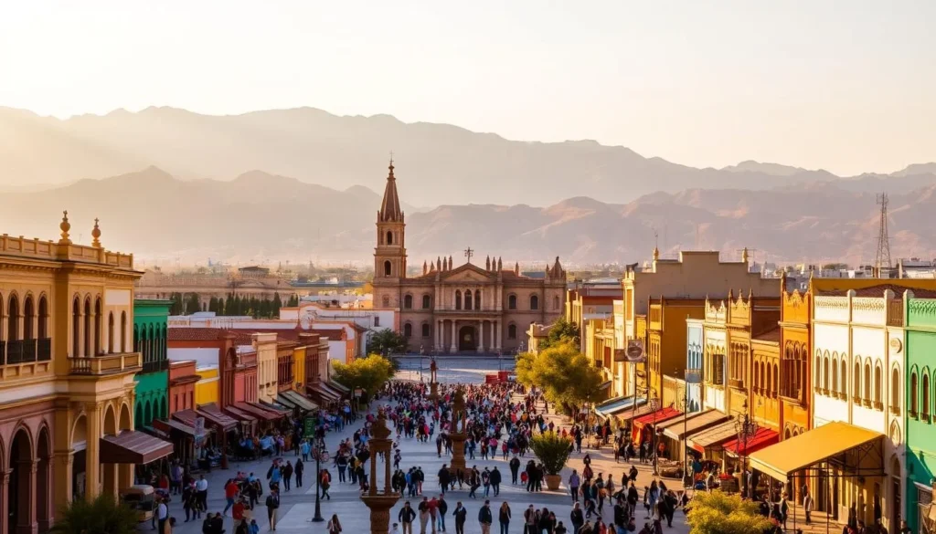 A vibrant cityscape of Ciudad Juarez, Mexico, bathed in warm, golden sunlight. In the foreground, a bustling plaza teeming with locals and tourists alike, surrounded by colorful colonial-style buildings and charming shops. In the middle ground, the iconic Parroquia de San Sebastián church stands tall, its intricate architecture and towering spires a testament to the city's rich cultural heritage. In the distance, the majestic Sierra de Juárez mountains provide a stunning natural backdrop, their peaks basking in the soft, hazy light. The scene exudes a lively, welcoming atmosphere, inviting the viewer to explore the vibrant sights and sounds of this enchanting Mexican city.