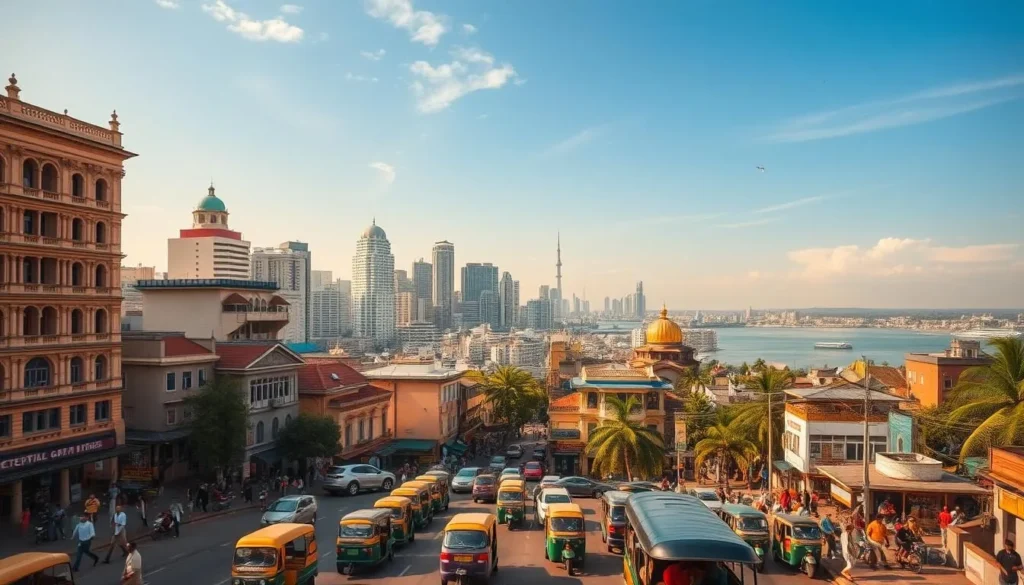 A vibrant cityscape of Colombo unfolds before the viewer, bathed in the warm glow of the afternoon sun. In the foreground, bustling streets teeming with life, colorful tuk-tuks and pedestrians navigating the lively urban landscape. Towering colonial-era buildings and modern skyscrapers rise in the middle ground, creating a striking contrast of architectural styles. In the distance, the iconic Beira Lake reflects the city's skyline, its serene waters offering a peaceful respite from the bustling energy. The scene is imbued with a sense of charm and character, inviting the viewer to explore and discover the captivating essence of Colombo.
