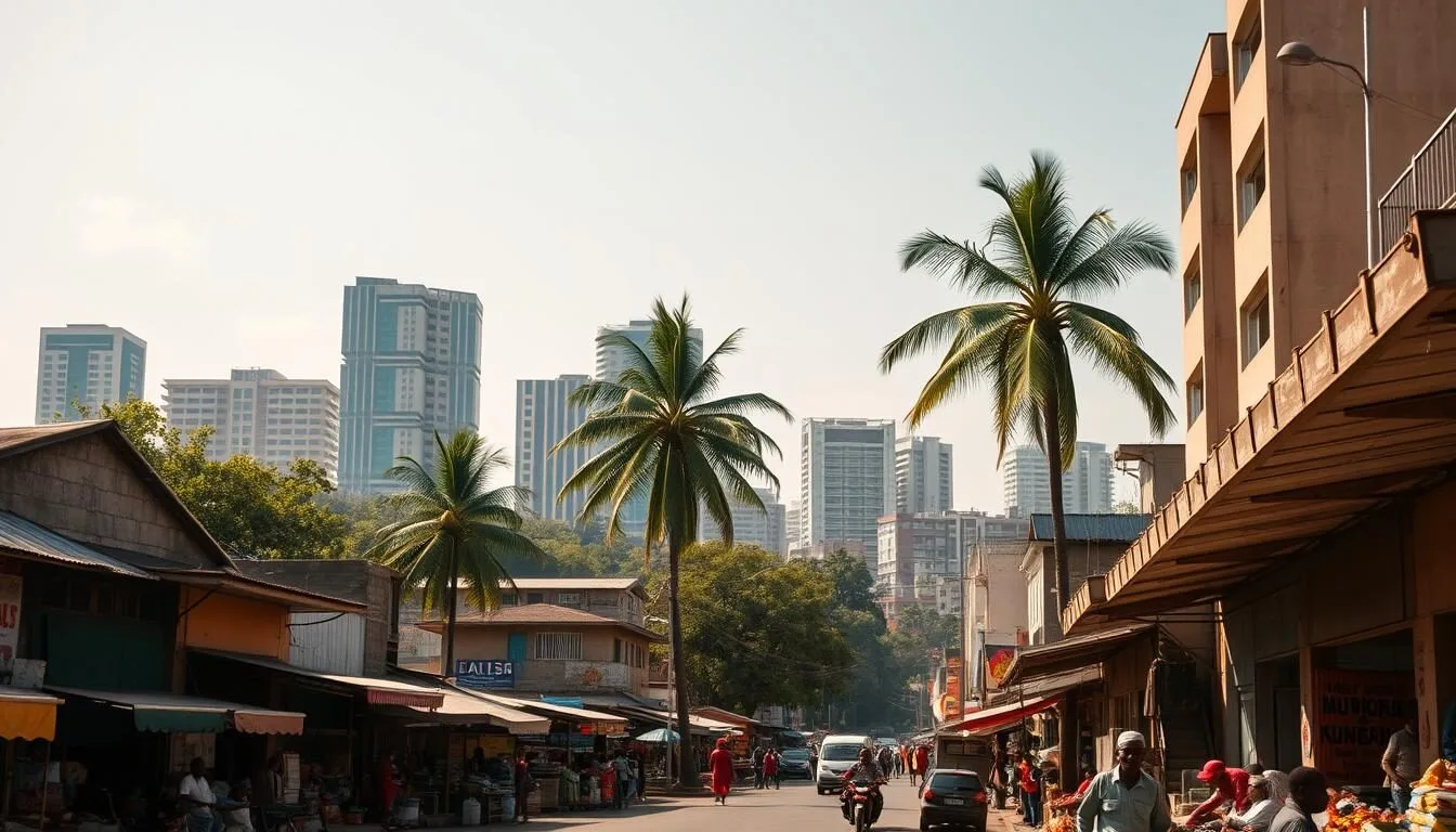 A vibrant cityscape of Cotonou, Benin on a sunny day. In the foreground, bustling markets and colorful buildings line the streets, with locals and vendors going about their daily activities. In the middle ground, towering palm trees sway gently, providing a lush, tropical backdrop. The background is dominated by a gleaming skyline of high-rise office buildings and hotels, reflecting the city's modern development. The scene is bathed in warm, golden light, creating a serene and inviting atmosphere. Capture the energy and charm of this vibrant West African city through a cinematic, wide-angle lens.