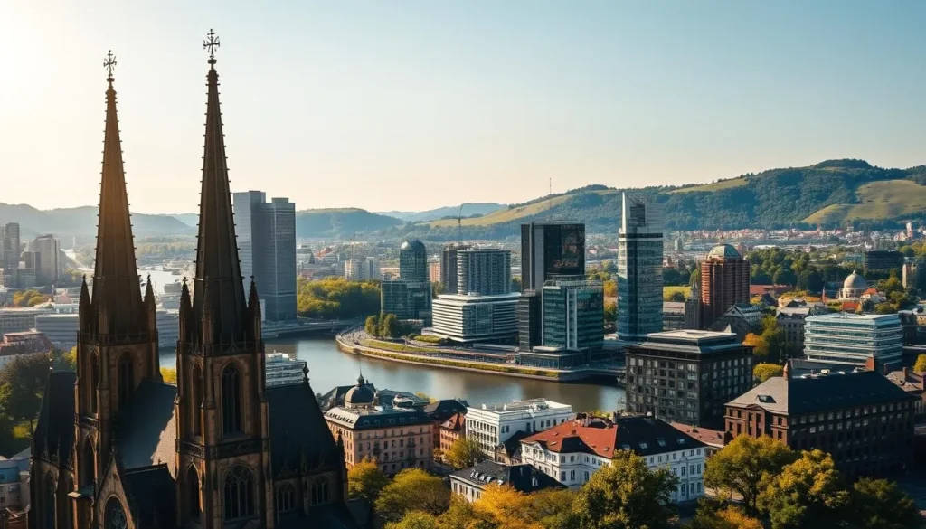 A vibrant cityscape of Dortmund, Germany, on a sunny day. The foreground features the iconic Reinoldikirche, its towering Gothic spires reaching skyward. In the middle ground, modern glass-and-steel high-rises stand alongside historic buildings, creating a harmonious blend of old and new. The background showcases the Ruhr River winding through the city, with lush green hills rising in the distance. Warm sunlight bathes the scene, casting long shadows and highlighting the intricate architectural details. The atmosphere conveys a sense of urban vitality and cultural richness, inviting the viewer to explore Dortmund's hidden gems.