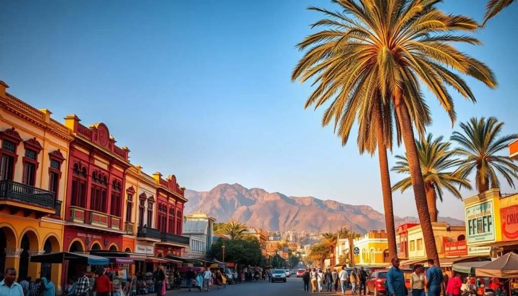 A vibrant cityscape of Huambo, Angola's second-largest city, bathed in warm, golden sunlight. In the foreground, bustling streets lined with colorful colonial-era buildings, their facades adorned with intricate architectural details. Mid-ground, towering palm trees sway gently, casting playful shadows on the lively pedestrians and vendors below. In the background, the majestic silhouettes of the Huambo Mountains rise, their peaks touched by the soft, hazy light of the afternoon. The scene exudes a sense of energy and vitality, capturing the essence of this dynamic urban center.