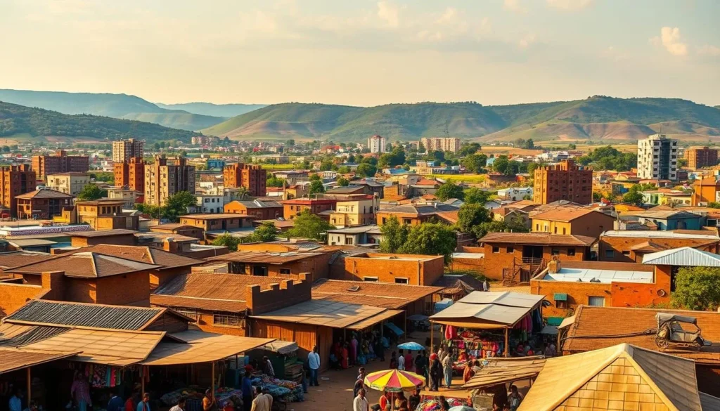 A vibrant cityscape of Ilorin, Nigeria's cultural gem, bathed in warm, golden sunlight. In the foreground, bustling markets and vendors selling vibrant textiles and local crafts. In the middle ground, a blend of traditional mud-brick buildings and modern high-rises, their facades adorned with intricate designs. The background showcases the rolling hills and lush greenery that surround the city, creating a picturesque contrast. The scene is captured through a wide-angle lens, emphasizing the grand scale and depth of the landscape. The overall mood is one of energy, diversity, and a celebration of Ilorin's rich cultural heritage.