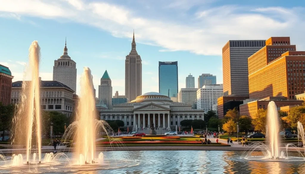 A vibrant cityscape of Kansas City, Missouri, showcasing its iconic landmarks and bustling urban energy. In the foreground, the magnificent fountains of the Country Club Plaza dance and shimmer under the warm, golden sunlight. The middle ground features the distinctive architecture of the Nelson-Atkins Museum of Art, its glass facade reflecting the sky. In the background, the soaring skyscrapers of the downtown area rise majestically, creating a dynamic skyline. The scene is imbued with a sense of civic pride and the pioneering spirit that defines the "Heart of America." Captured with a wide-angle lens, the image conveys the grandeur and vitality of this Midwestern metropolis.