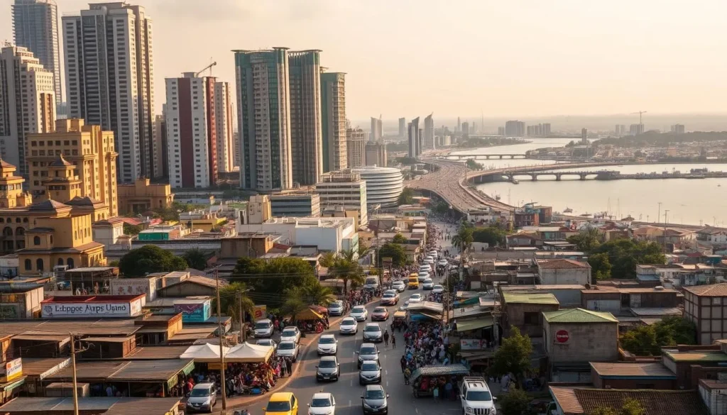 A vibrant cityscape of Lagos, Nigeria, captured in the golden glow of the afternoon sun. Towering skyscrapers and bustling streets filled with colorful markets, local vendors, and the warm laughter of the people. In the foreground, a bustling street scene with traditional Nigerian architecture, taxis, and pedestrians weaving through the thriving urban landscape. The middle ground showcases the iconic Eko Atlantic City, a gleaming modern development, while the background is dominated by the expanse of the Lagos Lagoon, its waters shimmering under the soft, diffused lighting. The overall atmosphere is one of energy, dynamism, and a palpable sense of the city's vibrant culture and history.
