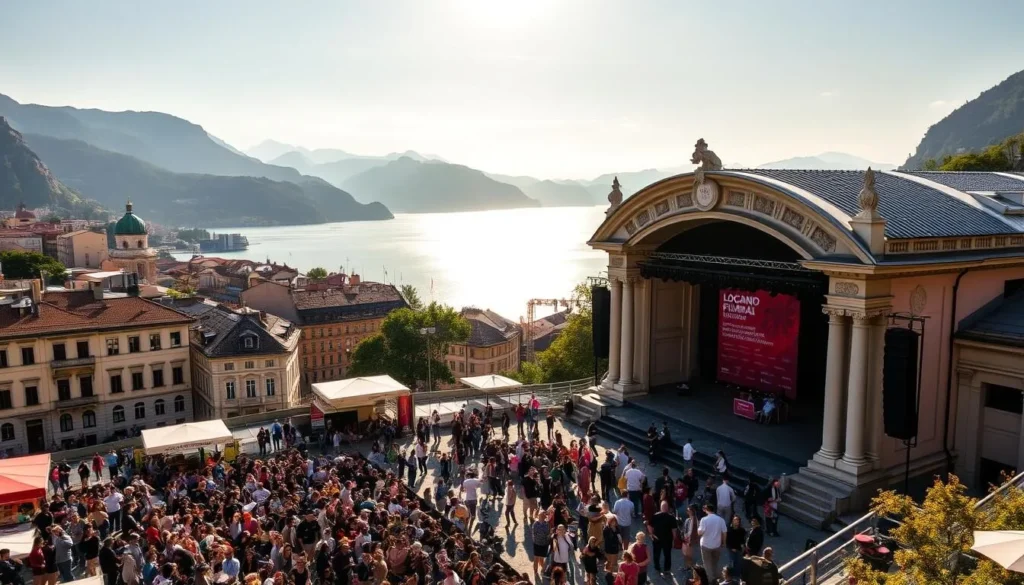 A vibrant cityscape of Locarno, Switzerland, nestled against the picturesque backdrop of the Swiss Alps. In the foreground, a grand open-air stage stands ready to host the renowned Locarno Film Festival, its elegant architecture and ornate details reflecting the city's rich cultural heritage. The middle ground is alive with a bustling crowd of filmmakers, artists, and enthusiasts, engaged in lively discussions and celebrations. In the distance, the serene waters of Lake Maggiore glisten under the warm, golden light of a summer afternoon, creating a sense of tranquility and natural beauty. The overall scene conveys the energy, creativity, and cultural vibrancy that defines the Locarno Film Festival experience.