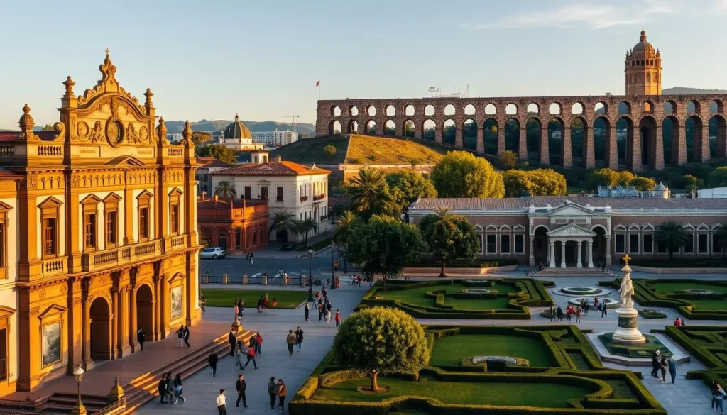A vibrant cityscape of Queretaro, Mexico, showcasing its renowned museums. In the foreground, the imposing facade of the Museo Regional de Querétaro stands tall, its intricate colonial architecture bathed in warm, golden sunlight. In the middle ground, visitors wander through the lush gardens of the Museo de Arte de Querétaro, admiring the stunning works of art on display. The background features the iconic Aqueduct of Querétaro, a majestic landmark that towers over the bustling city. The scene is captured with a wide-angle lens, conveying a sense of grandeur and inviting the viewer to explore the rich cultural heritage of this vibrant Mexican city.