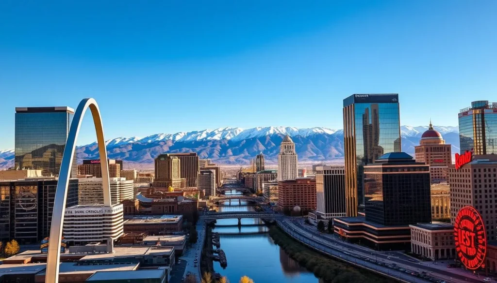 A vibrant cityscape of Reno, Nevada, the "Biggest Little City in the World." In the foreground, the iconic Reno Arch stands proud, its neon lights twinkling against a clear blue sky. Towering skyscrapers and casinos fill the middle ground, their sleek, modern facades reflected in the glistening Truckee River that winds through the city. In the background, the majestic Sierra Nevada mountains rise, their snow-capped peaks creating a breathtaking backdrop. The scene is bathed in warm, golden sunlight, creating a sense of energy and excitement that captures the essence of Reno's dynamic urban landscape.
