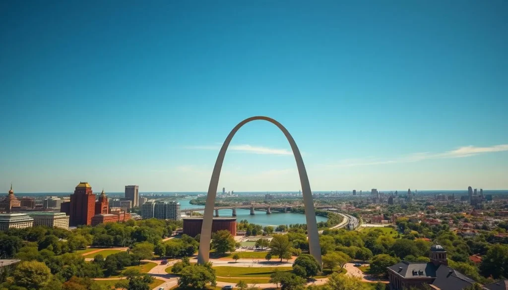 A vibrant cityscape of Saint Louis County, Missouri unfolds under a cloudless azure sky. In the foreground, the iconic Gateway Arch stands tall, its stainless steel curves reflecting the warm sunlight. Lush green parks and plazas surround the monument, inviting visitors to explore. In the middle ground, the historic buildings of downtown Saint Louis rise, their architectural styles ranging from neoclassical to art deco. The Mississippi River cuts through the scene, its waters glimmering. On the horizon, the suburban neighborhoods of Saint Louis County stretch out, punctuated by the occasional church spire or office tower. An atmosphere of energy and discovery permeates the image, beckoning the viewer to uncover the wonders of this vibrant and diverse region.
