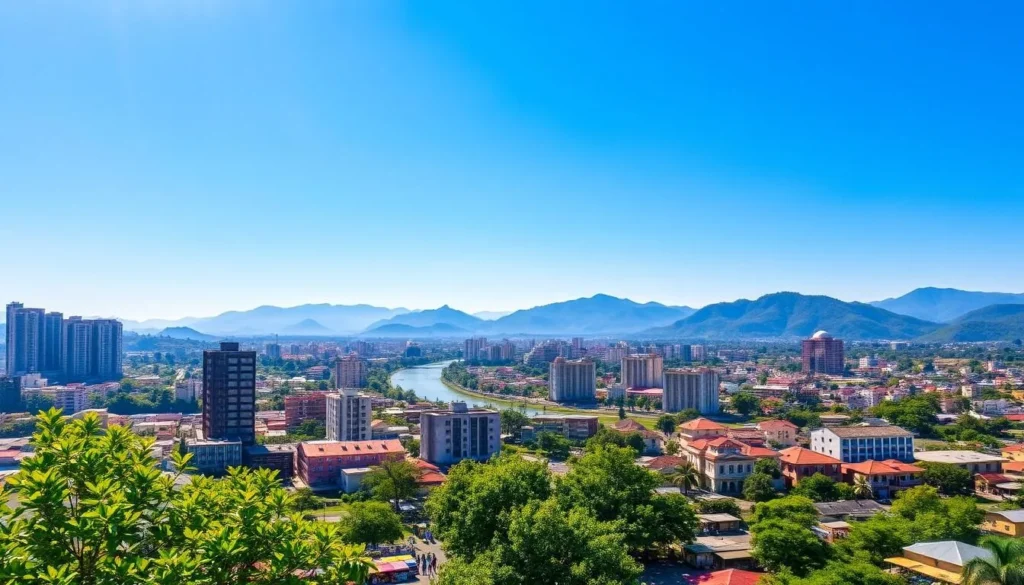 A vibrant cityscape of San Jose del Monte, Philippines, under a clear blue sky. In the foreground, lush greenery and colorful local markets bustling with activity. The middle ground features a mix of modern high-rises and traditional Filipino architecture, with the iconic Bocaue River winding through the city. In the background, rolling hills and mountain peaks create a picturesque backdrop. Warm, golden sunlight filters through, casting a welcoming glow over the entire scene. The atmosphere is one of energy, culture, and natural beauty, inviting visitors to explore the best that San Jose del Monte has to offer.