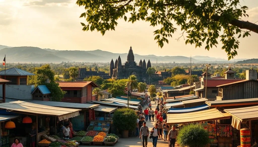 A vibrant cityscape of Siem Reap, Cambodia on a sun-dappled afternoon. In the foreground, colorful local markets bustle with activity, vendors offering an array of fresh produce and handicrafts. The middle ground showcases the iconic Angkor Wat temple complex, its towering spires and intricate carvings illuminated by warm, golden light. In the background, rolling hills and lush, verdant landscapes frame the scene, creating a serene and picturesque atmosphere. Capture the essence of this captivating city, showcasing its cultural richness, architectural marvels, and natural beauty through a cinematic, wide-angle lens.