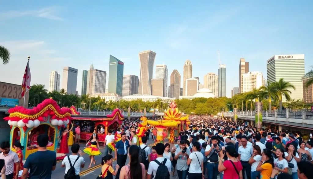 A vibrant cityscape of Singapore during a lively festival, set against a clear blue sky. In the foreground, colorful parade floats and costumed performers dance and weave through the bustling streets. In the middle ground, crowds of joyful locals and tourists line the sidewalks, capturing the celebratory atmosphere with their smartphones. The background features the iconic skyscrapers and landmarks of Singapore's skyline, bathed in warm, golden sunlight. The scene conveys a sense of energy, cultural richness, and the unique blend of modernity and tradition that defines Singapore's festival experiences.