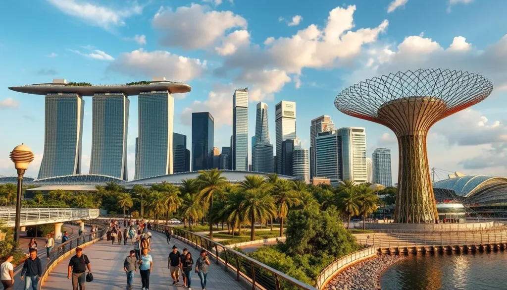 A vibrant cityscape of Singapore, showcasing the iconic Marina Bay Sands, Supertree Grove, and Gardens by the Bay. Capture the bustling energy of the city with people strolling along the promenade, enjoying the scenic waterfront views. Utilize a wide-angle lens to encompass the grandeur of the skyscrapers and the lush greenery, bathed in warm, golden sunlight. Convey a sense of wonder and exploration, inviting the viewer to imagine a three-day itinerary through this modern, dynamic destination.