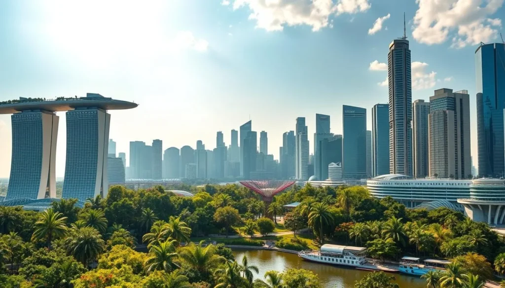 A vibrant cityscape of Singapore's iconic landmarks, bathed in warm, golden sunlight. In the foreground, the famous Marina Bay Sands complex with its distinctive curved towers and rooftop observation deck. In the middle ground, the lush, verdant Gardens by the Bay with its towering Supertree structures. In the background, the sleek, modern skyscrapers of the Central Business District skyline. Capture the bustling energy and cosmopolitan atmosphere of this dynamic city, inviting the viewer to explore its diverse culture, architecture, and attractions.