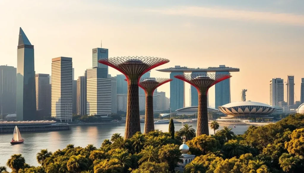 A vibrant cityscape of Singapore's iconic skyline on a sunny day. In the foreground, towering skyscrapers in sleek, contemporary designs reflect the shimmering waters of Marina Bay. The middle ground features the distinctive Supertree Grove of Gardens by the Bay, their futuristic structures adorned with lush greenery. In the background, the historic landmarks of the Merlion statue and Marina Bay Sands hotel rise majestically, framed by a clear blue sky. Warm, diffused lighting casts a golden glow over the scene, highlighting the city's harmonious blend of modern and traditional elements. Capture the vibrant energy and unique character of Singapore, the "Lion City," in this panoramic vista.