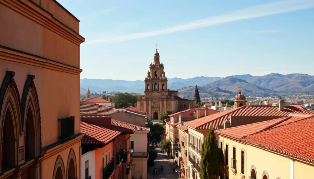 A vibrant cityscape of Tlaxcala, Mexico, bathed in golden afternoon sunlight. In the foreground, quaint colonial buildings with red tile roofs line narrow cobblestone streets, their facades adorned with intricate carvings and archways. In the middle ground, a grand cathedral with a towering bell tower dominates the skyline, its spires reaching towards a cloudless azure sky. Beyond, rolling hills and distant mountains create a scenic backdrop, blanketed in lush greenery. The scene exudes a sense of timeless charm and historic grandeur, inviting the viewer to explore the rich cultural tapestry of this captivating city.