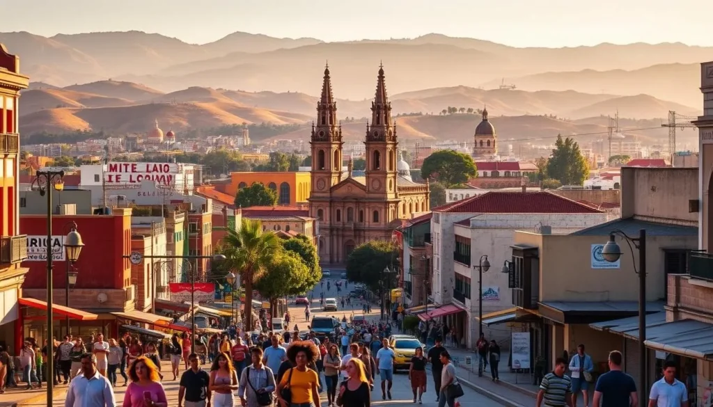 A vibrant cityscape of Toluca de Lerdo, Mexico, bathed in warm, golden sunlight. In the foreground, a bustling street scene with locals going about their daily routines, showcasing the city's lively atmosphere. The middle ground features iconic architecture, including the impressive Toluca Cathedral, its spires and domes rising majestically. In the background, the rolling hills and mountains that surround the city create a picturesque backdrop, hinting at the natural wonders that await visitors. The overall scene conveys a sense of welcoming charm, inviting the viewer to explore the practical travel tips for visiting this vibrant destination.