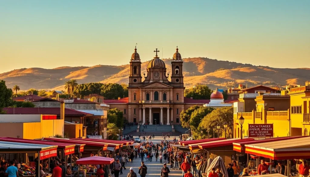 A vibrant cityscape of Toluca de Lerdo, Mexico's hidden gem, bathed in golden afternoon light. In the foreground, a bustling plaza filled with local vendors, their colorful wares and friendly faces inviting passersby. In the middle ground, the stately neoclassical architecture of the Cathedral of Toluca stands tall, its ornate façade reflecting the city's rich history. Beyond, rolling hills and lush greenery frame the scene, creating a peaceful, picturesque backdrop. Warm, soft lighting illuminates the entire tableau, evoking a sense of tranquility and charm. This is a vision of Toluca de Lerdo's vibrant culture and captivating natural beauty, ready to be discovered.
