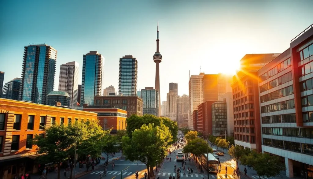 A vibrant cityscape of Toronto unfolds, bathed in warm, golden sunlight. Towering skyscrapers of glass and steel rise majestically against a clear, azure sky, their reflections shimmering in the waters of Lake Ontario. In the foreground, bustling streets teem with pedestrians and cyclists, weaving between historic brick buildings and modern architectural marvels. Trees line the sidewalks, adding pops of verdant color to the urban landscape. In the distance, the iconic CN Tower stands tall, its distinctive silhouette a beacon for the city. The scene exudes a sense of energy and vitality, capturing the dynamic essence of Toronto's vibrant cityscape.