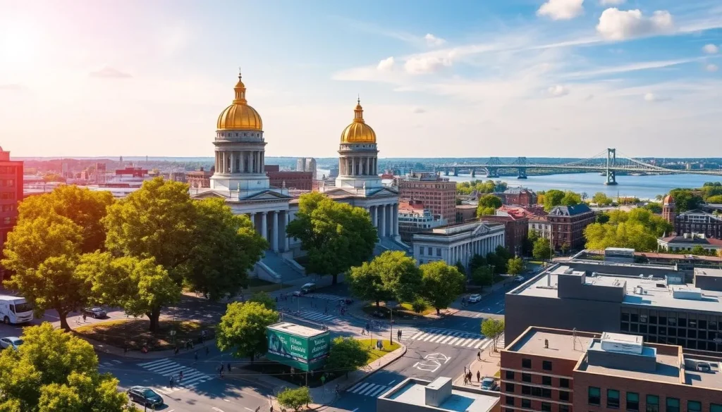 A vibrant cityscape of Trenton, New Jersey's historic capital, under a warm, sun-drenched sky. In the foreground, the striking gold-domed New Jersey State House stands tall, its neoclassical architecture gleaming. Flanking it, lush green trees sway gently. In the middle ground, bustling streets filled with pedestrians and vehicles wind through the urban landscape, showcasing the city's mix of modern and historic buildings. In the background, the Delaware River flows serenely, with the iconic Trenton-Morrisville Toll Bridge connecting the two banks. The scene conveys a sense of vibrancy, progress, and the city's deep-rooted heritage.