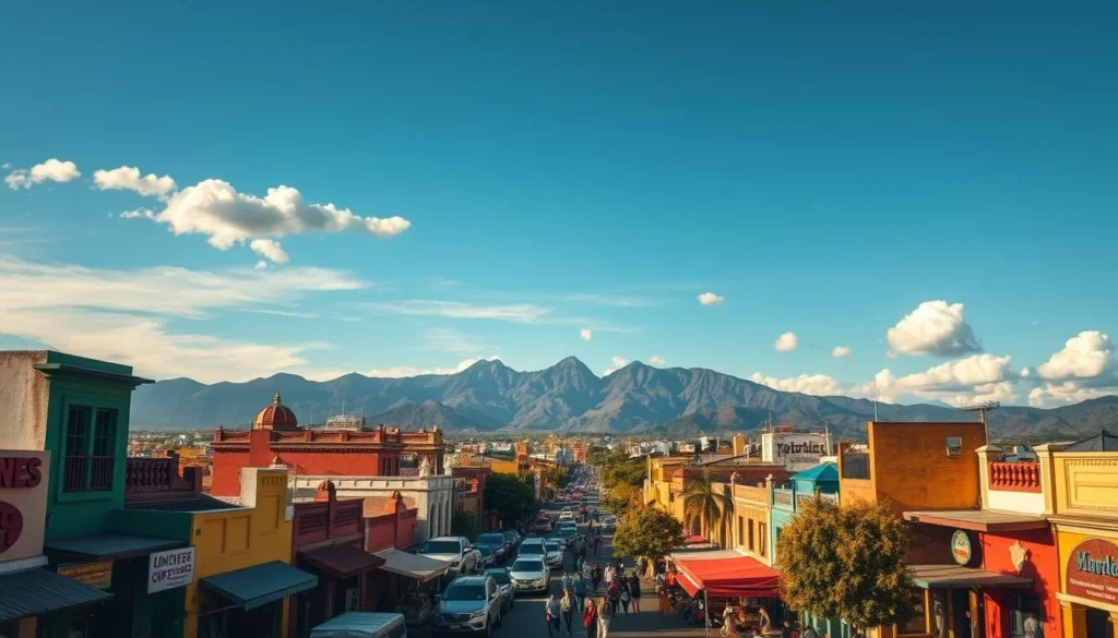A vibrant cityscape of Tuxtla Gutierrez, Mexico, on a sunny day. In the foreground, bustling streets lined with colorful buildings, lively markets, and people going about their day. In the middle ground, towering mountains rise up, creating a majestic backdrop. The sky is a deep blue, with fluffy white clouds casting gentle shadows. The lighting is warm and inviting, creating a sense of energy and vibrancy. The scene is captured with a wide-angle lens, allowing for a comprehensive view of the city's best sights and attractions.