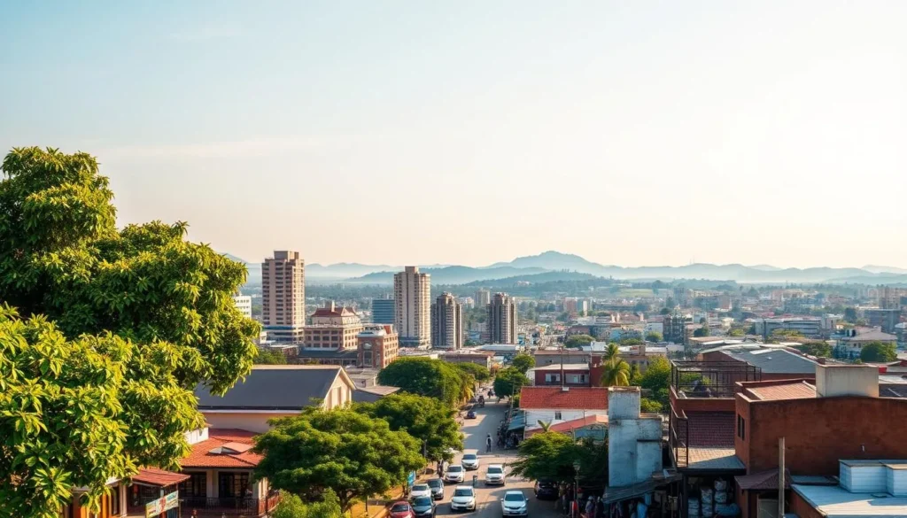 A vibrant cityscape of Uyo, Nigeria's hidden gem, unfolds under a clear, azure sky. In the foreground, bustling streets lined with lush, verdant foliage and vibrant local shops create a captivating scene. The middle ground showcases the city's architectural diversity, with a mix of modern high-rises and traditional Nigerian-style buildings. In the background, rolling hills and a distant horizon provide a tranquil, natural backdrop. The warm, golden light filters through, casting a soft, inviting glow over the entire landscape. This image conveys the charming, welcoming atmosphere of Uyo, a city where modernity and tradition seamlessly intertwine.