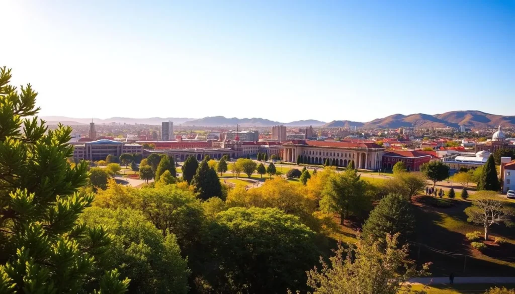 A vibrant cityscape of Vereeniging, South Africa, bathed in warm sunlight. In the foreground, lush green parks and gardens draw visitors to explore. The middle ground showcases the city's iconic landmarks, such as the Vereeniging Civic Theatre and the Vereeniging Town Hall, their architectural details highlighted by the soft, diffused lighting. In the background, the gently rolling hills and a clear blue sky create a sense of tranquility and natural beauty. The scene evokes a welcoming, picturesque atmosphere, inviting viewers to discover the city's top attractions.